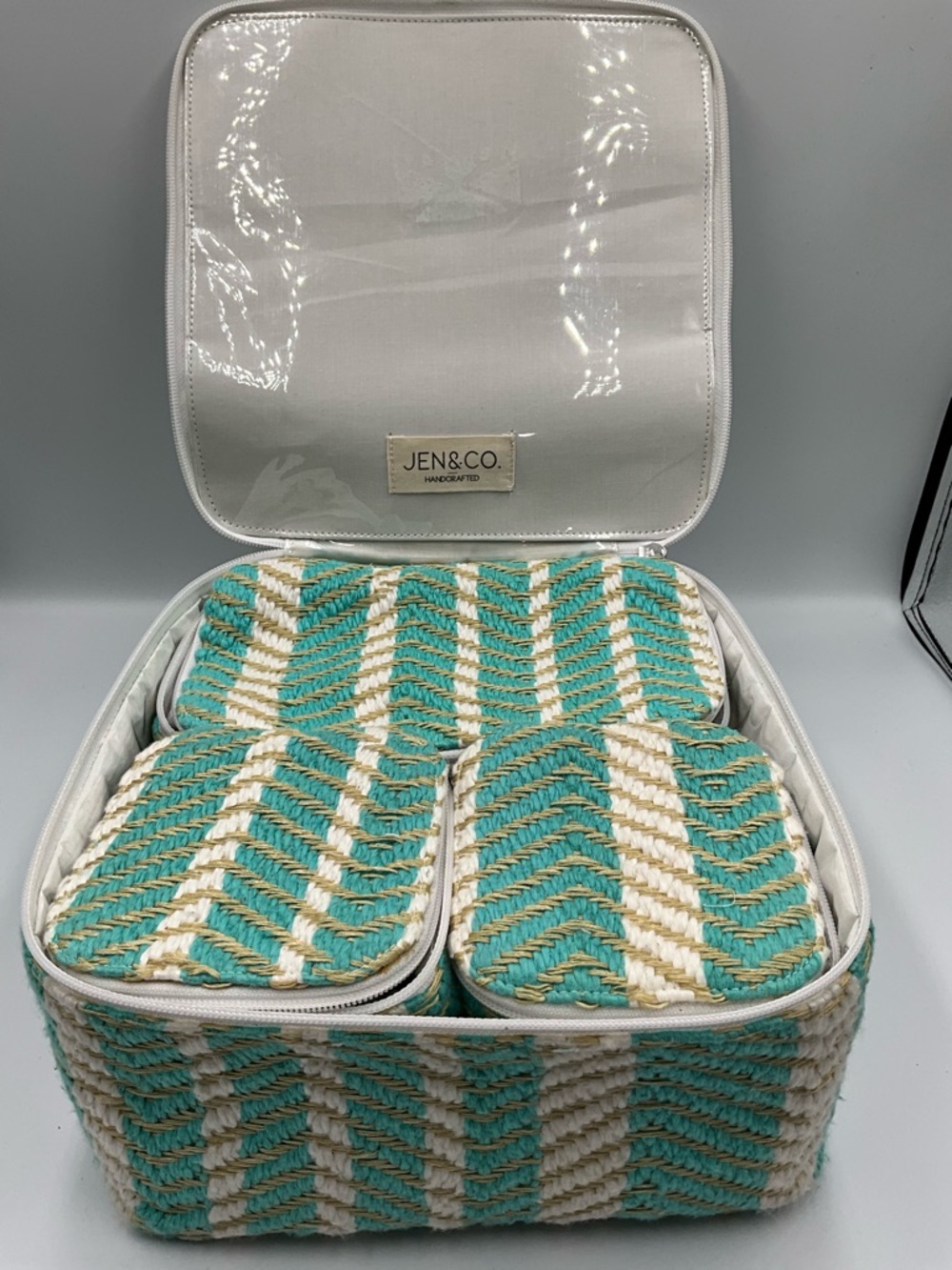JEN&CO Organizer Set Turquoise and Cream Woven Cosmetic Travel Case